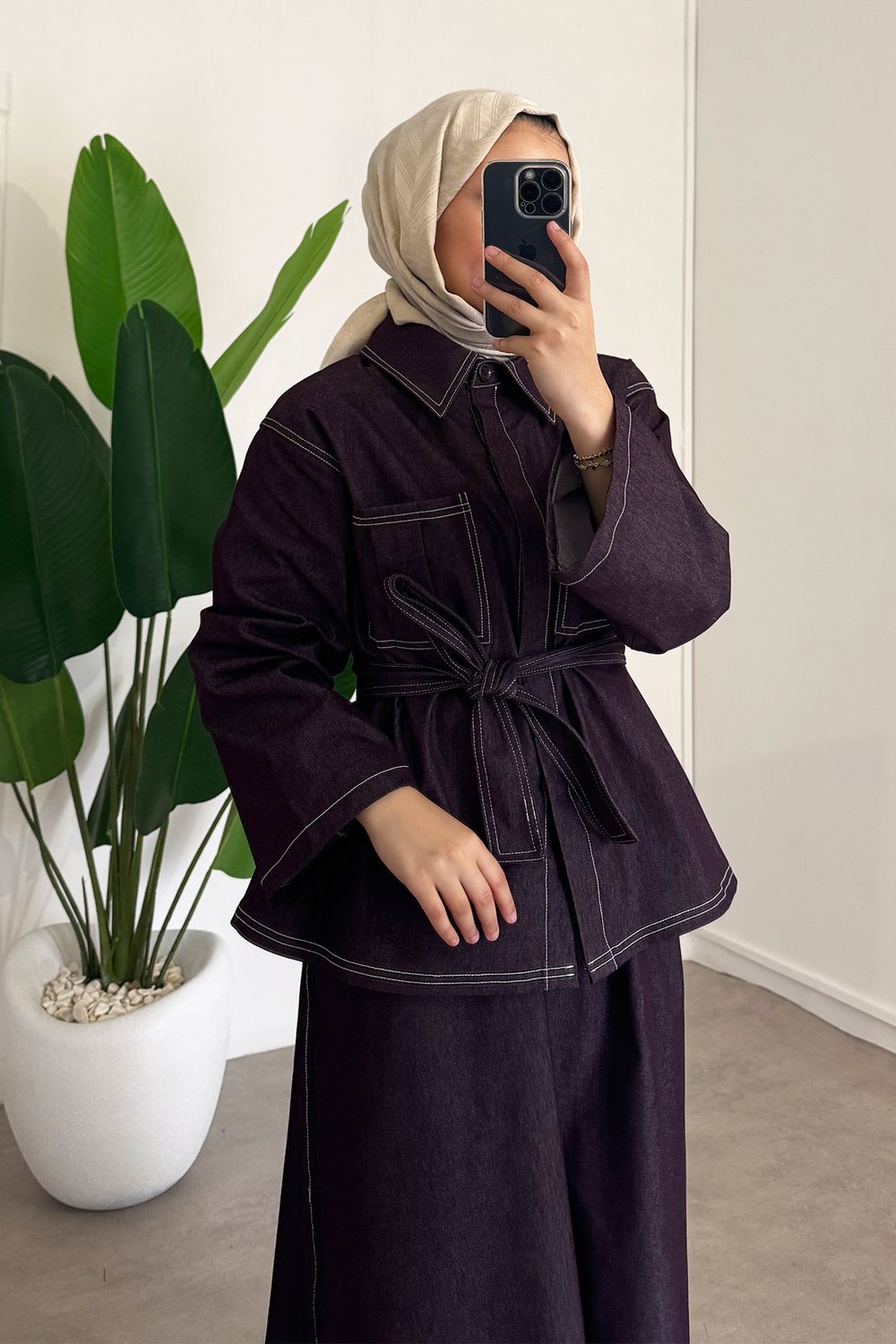 Dikiş Detaylı Denim Takım - Bordo