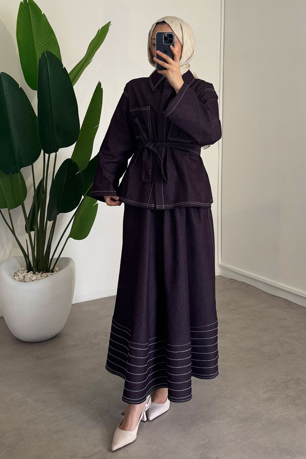 Dikiş Detaylı Denim Takım - Bordo