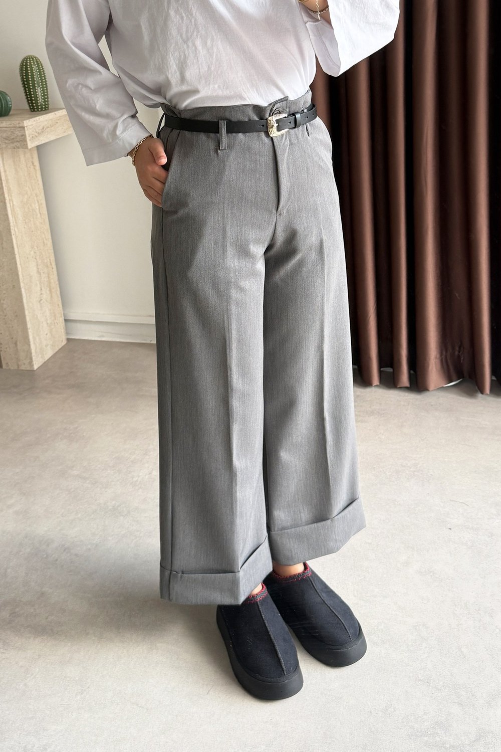 Double Paça Pantolon - Grı