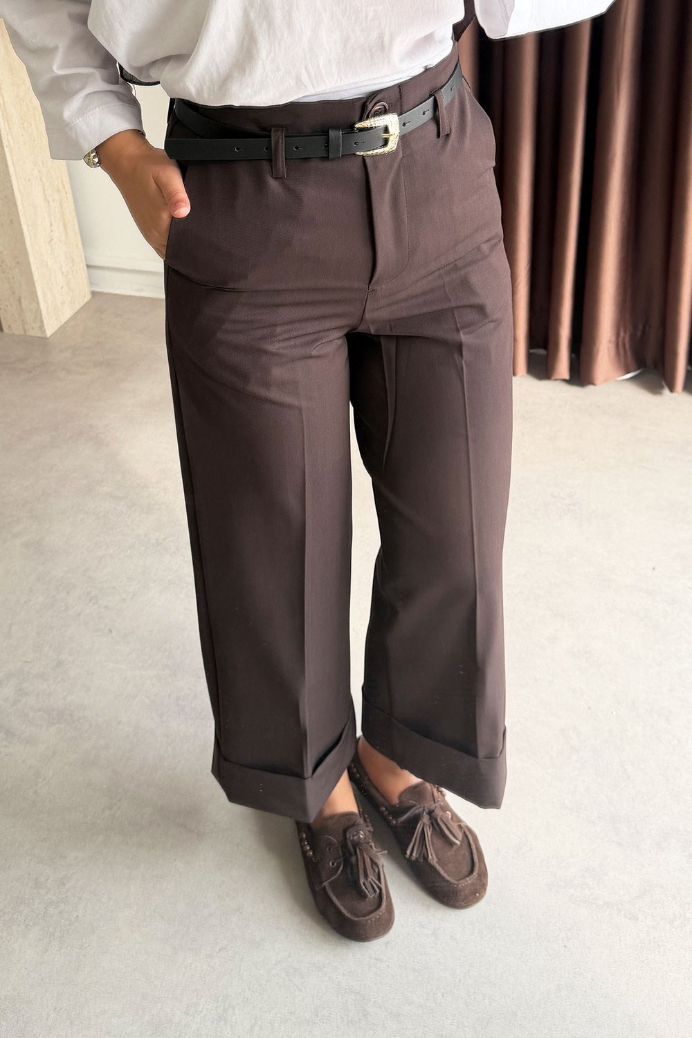 Double Paça Pantolon - Kahverengi