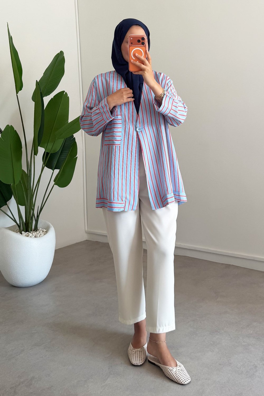 Dügme Detay Kimono - Mavi