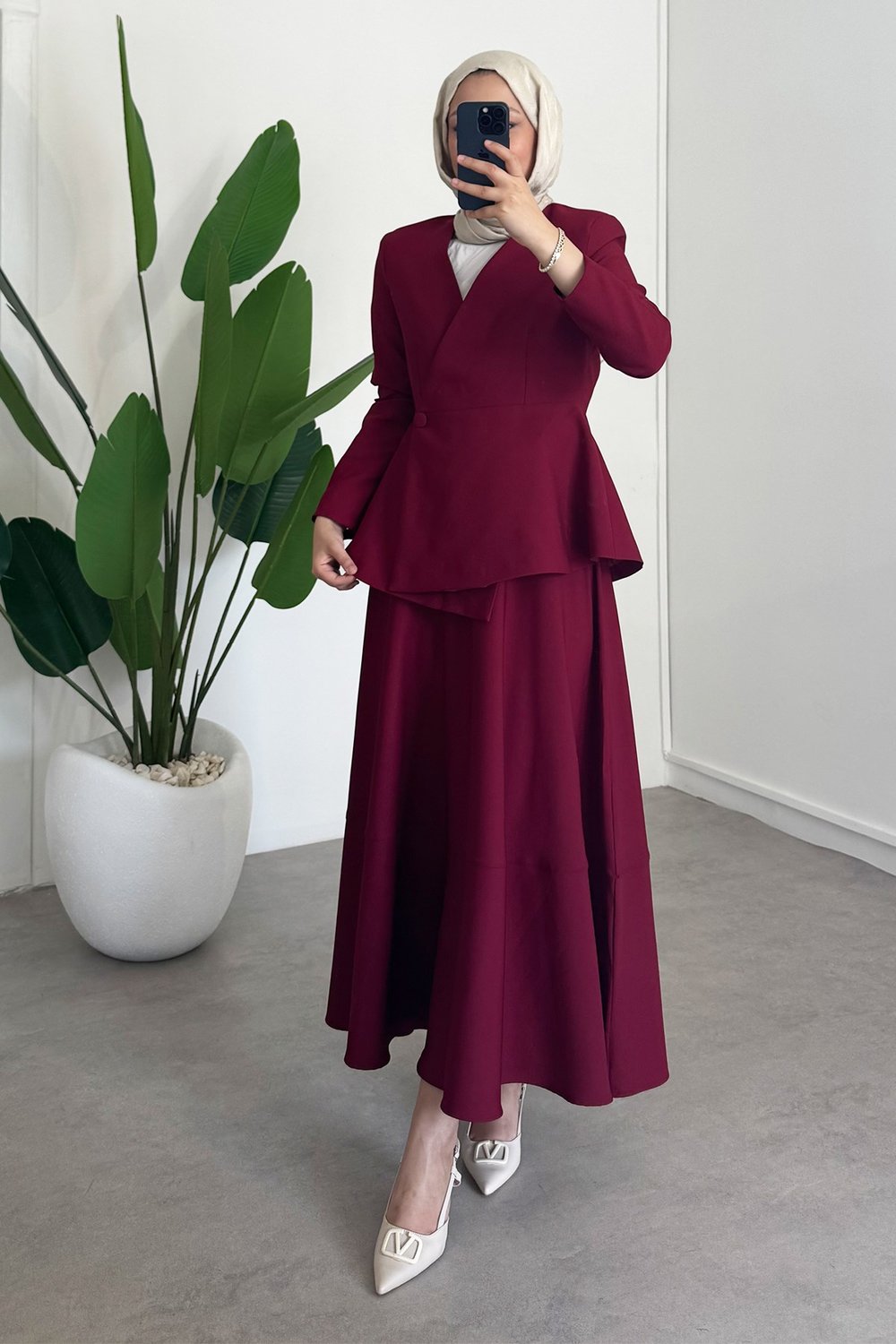 Dügmeli Ceket Takım - Bordo