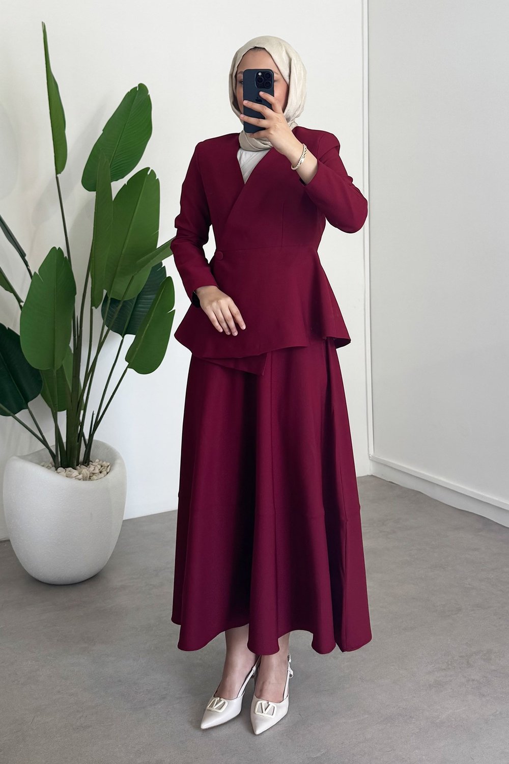 Dügmeli Ceket Takım - Bordo