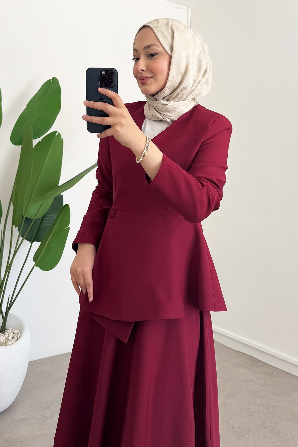 Dügmeli Ceket Takım - Bordo