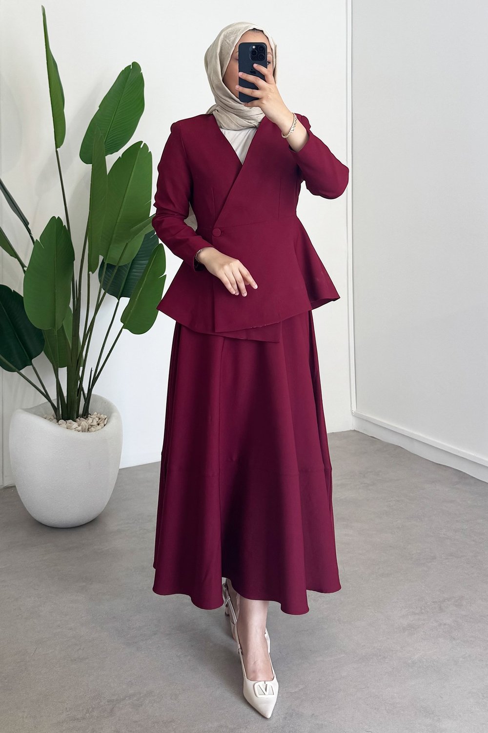 Dügmeli Ceket Takım - Bordo