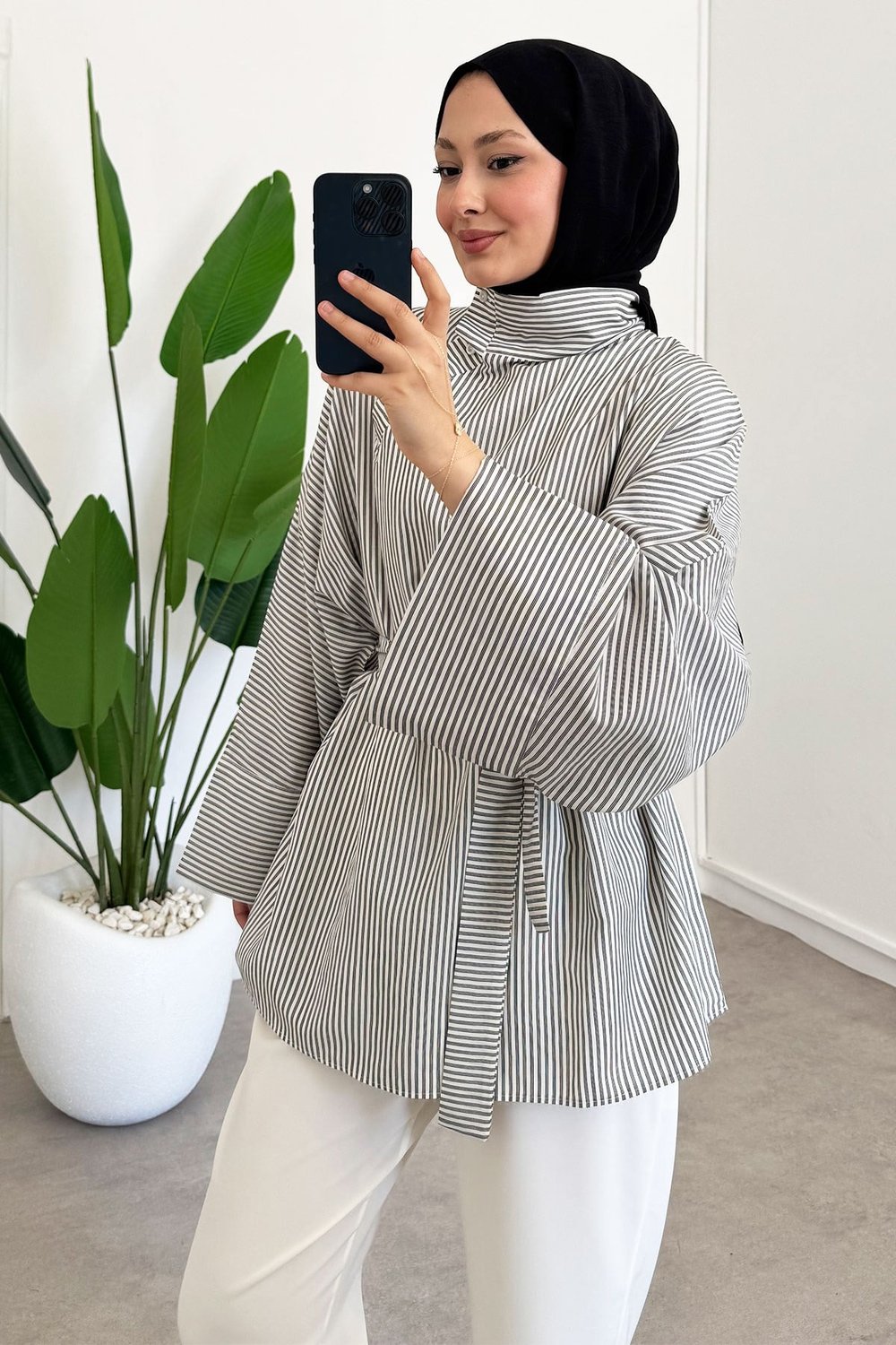 Düğmeli Cizgili Tunik - Siyah