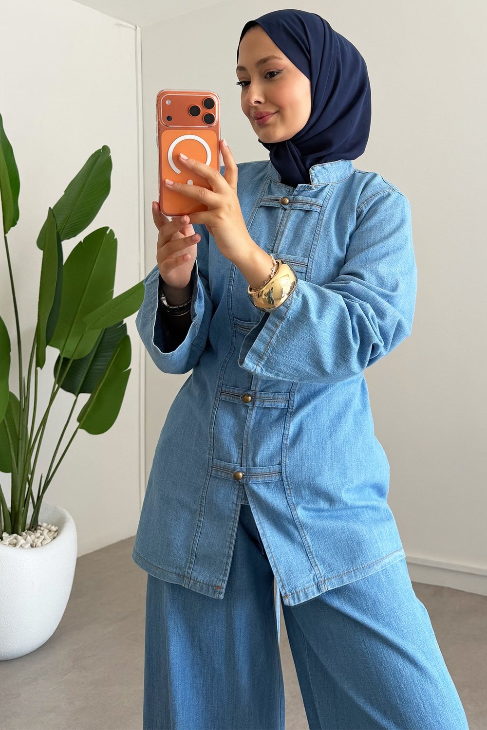 Dügmeli Denim Takım - Açık Kot