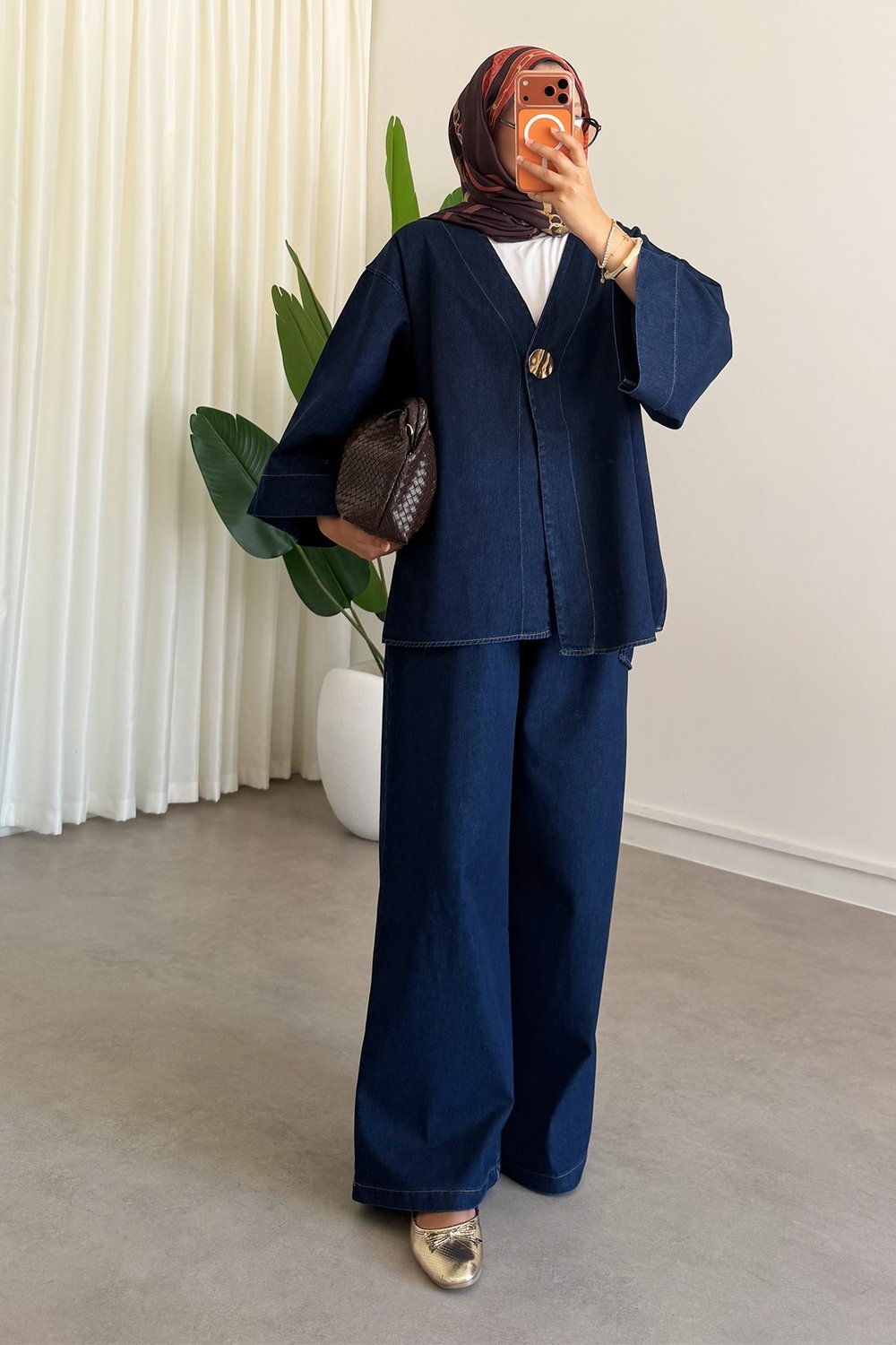 Dügmeli Denim Takım - Koyu Kot