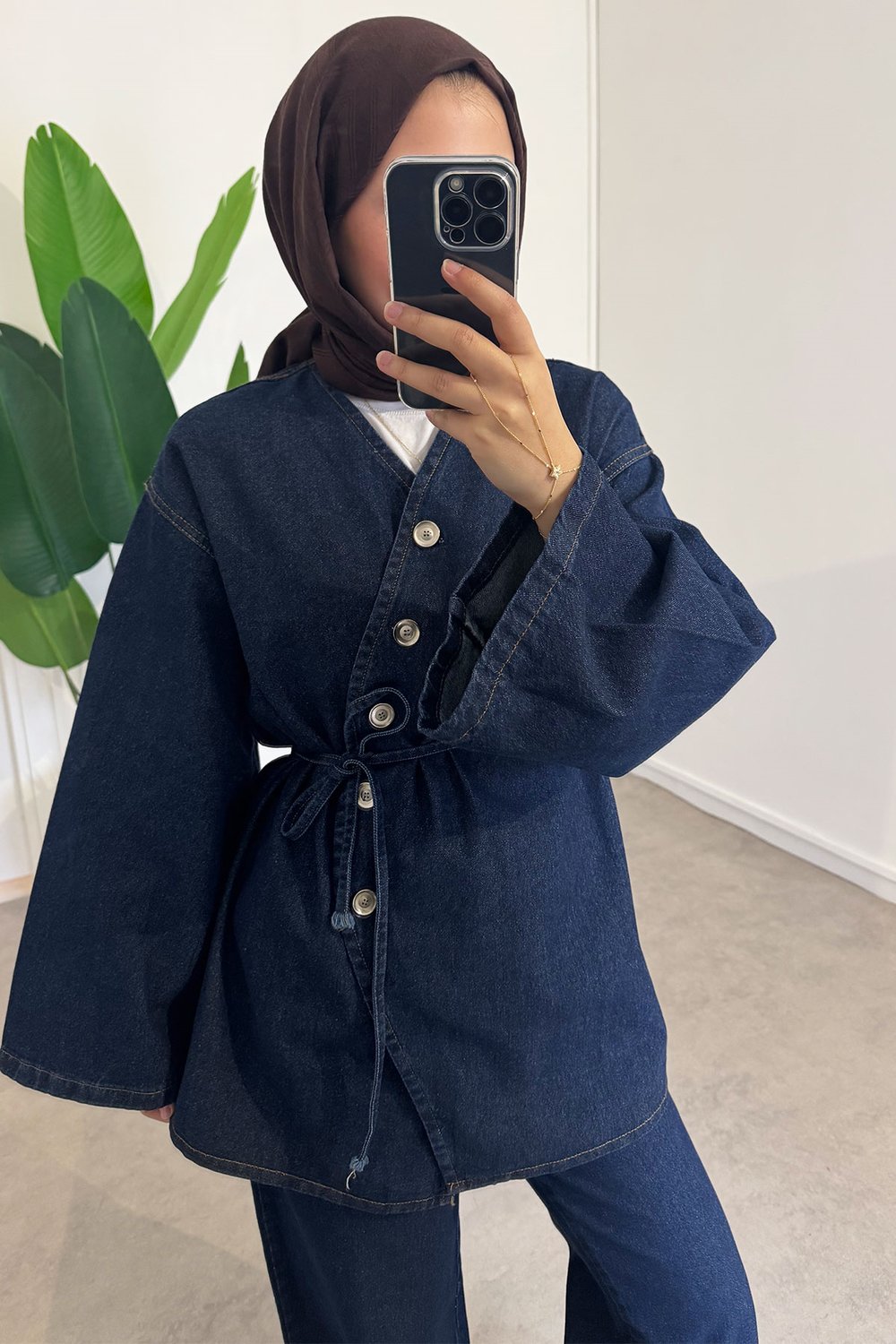 Düğmeli Denim Takım - Koyu Kot
