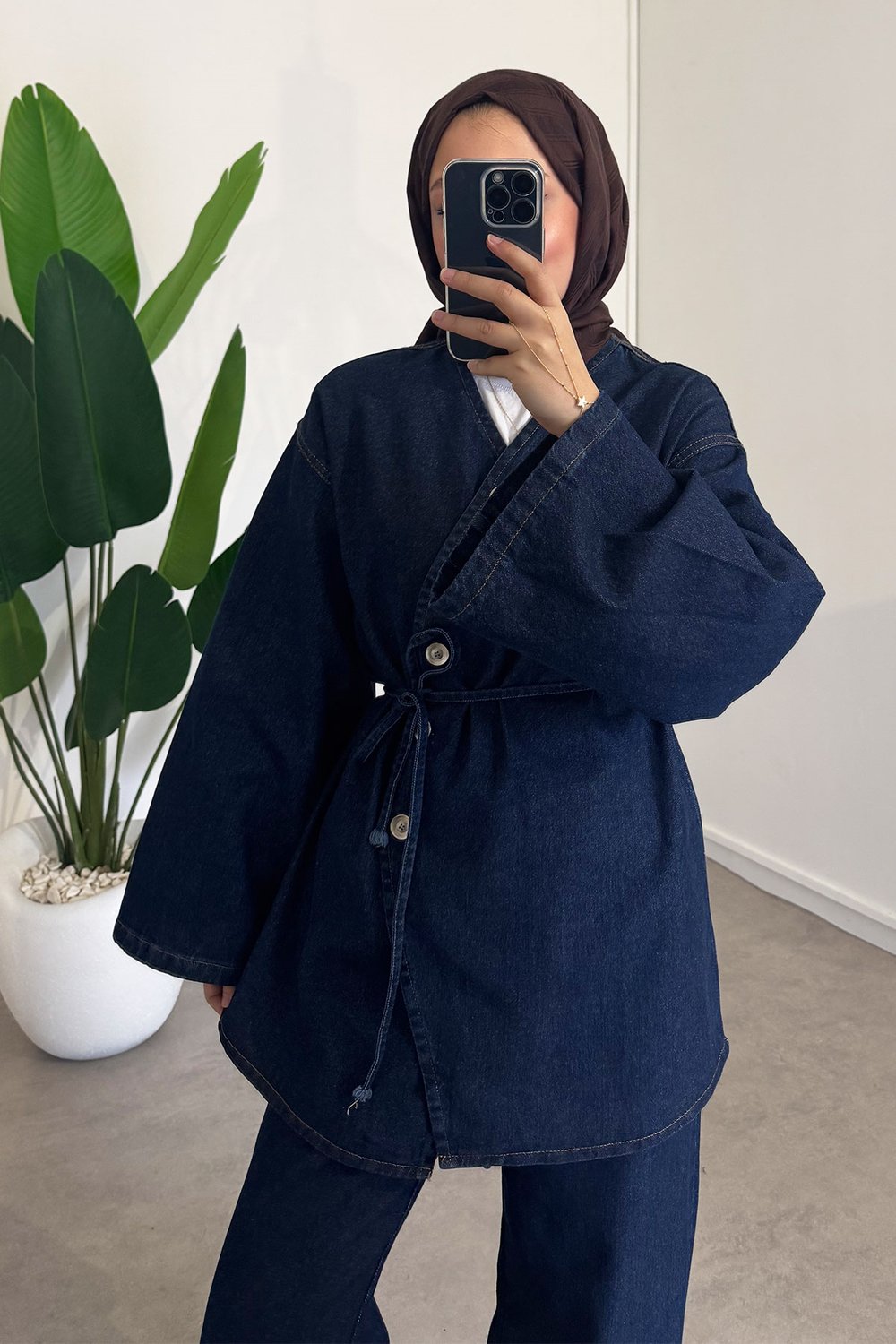 Düğmeli Denim Takım - Koyu Kot
