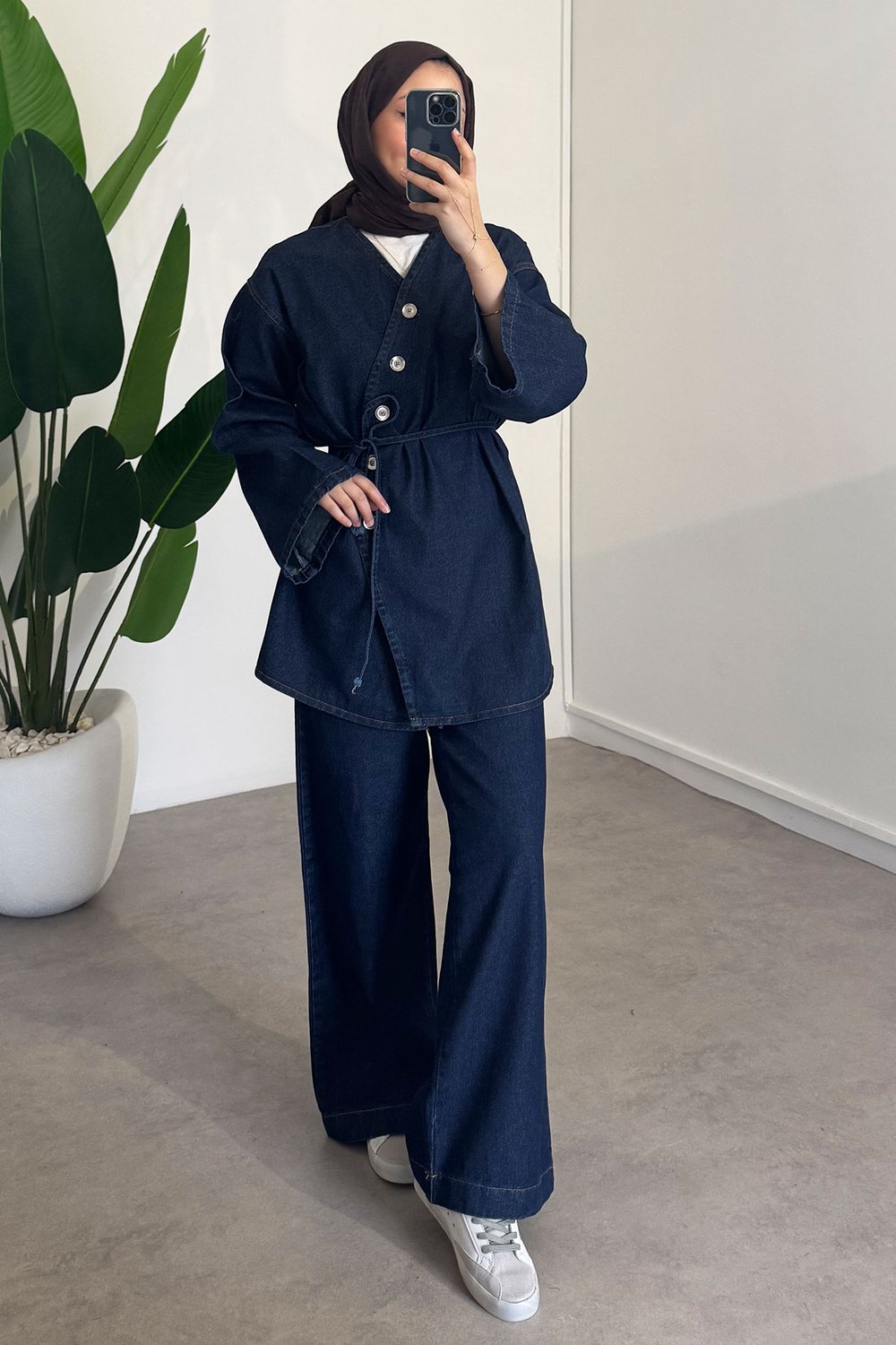 Düğmeli Denim Takım - Koyu Kot