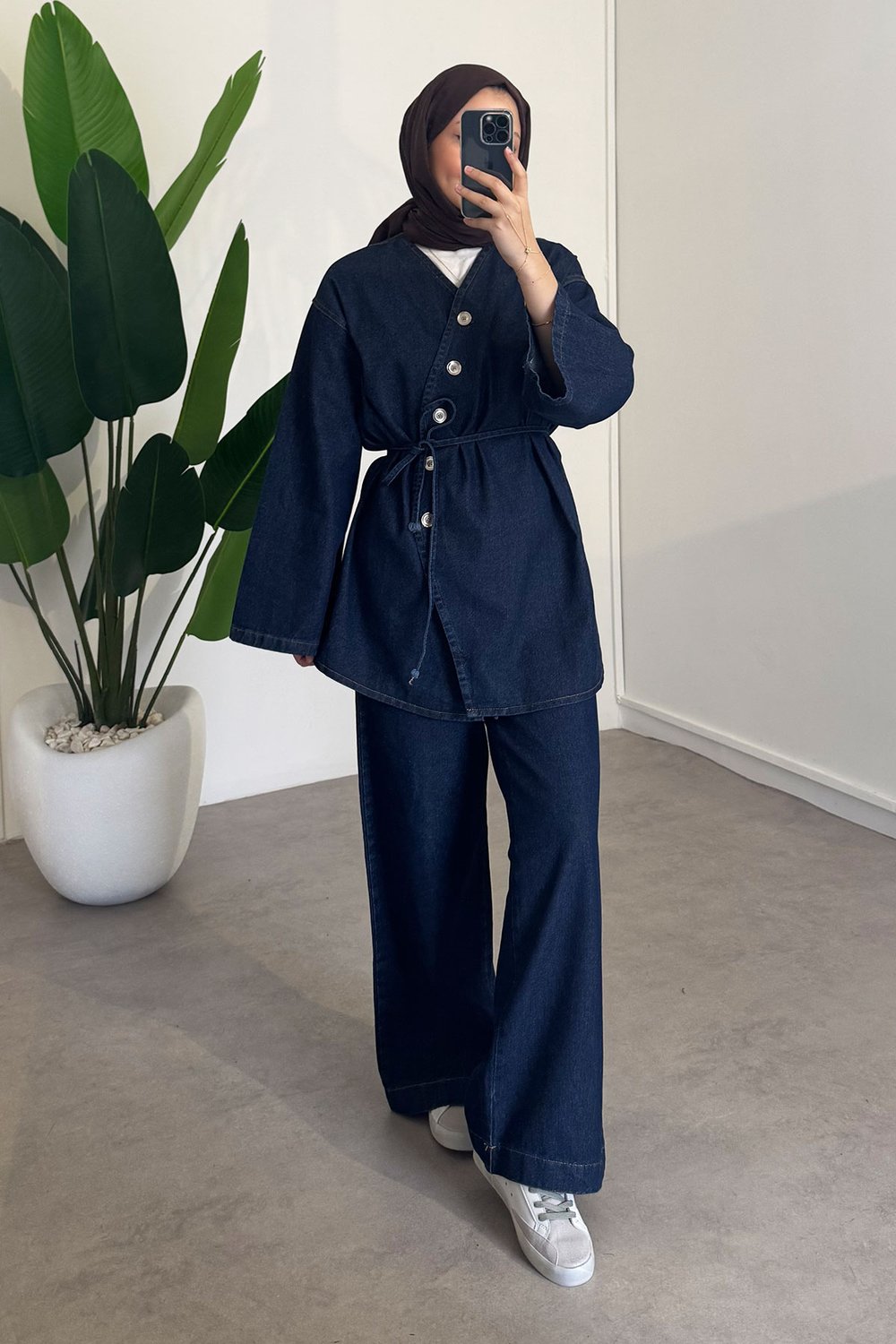 Düğmeli Denim Takım - Koyu Kot