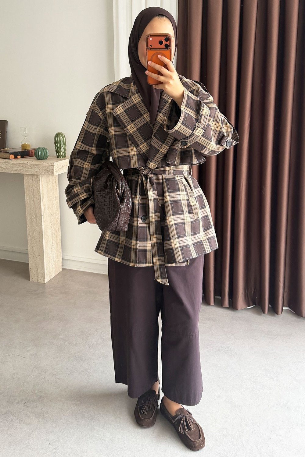 Ekose Oversize Trençkot - Kahverengi