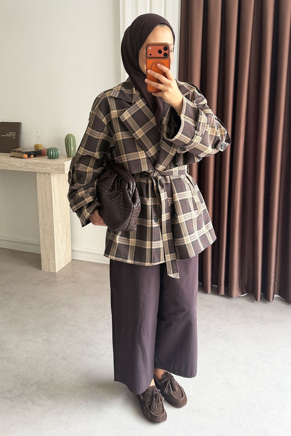 Ekose Oversize Trençkot - Kahverengi
