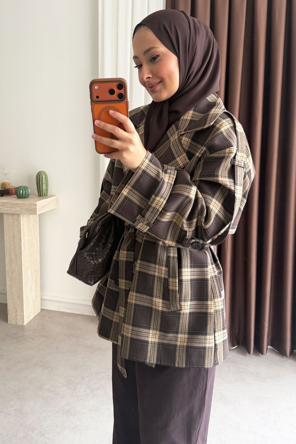 Ekose Oversize Trençkot - Kahverengi