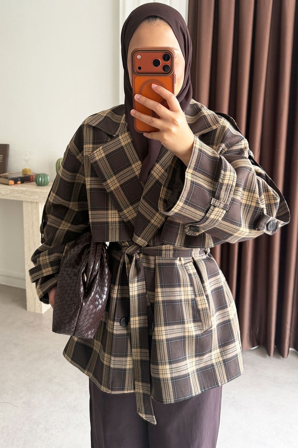 Ekose Oversize Trençkot - Kahverengi