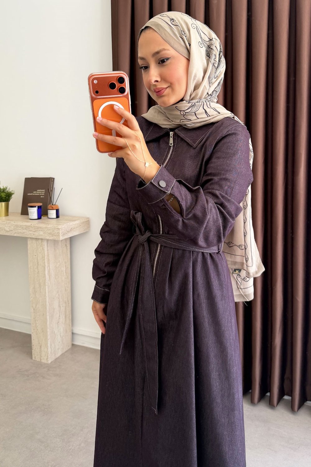 Fermuarlı Denim Elbise - Bordo