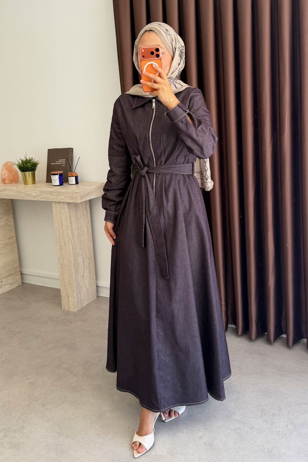 Fermuarlı Denim Elbise - Bordo
