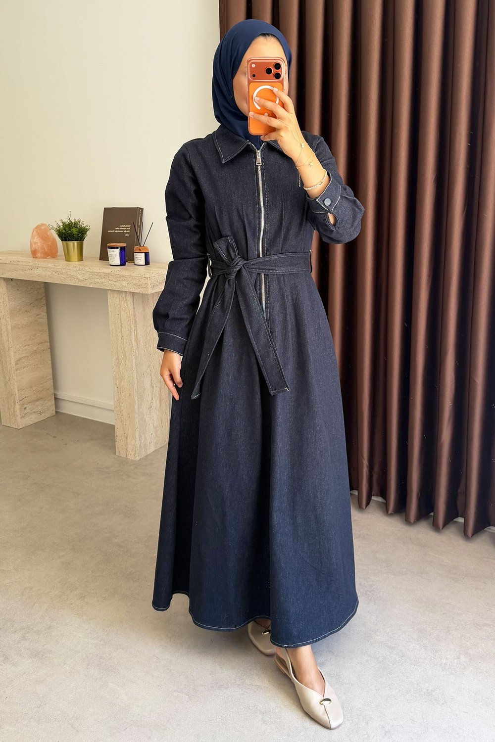 Fermuarlı Denim Elbise - Lacivert