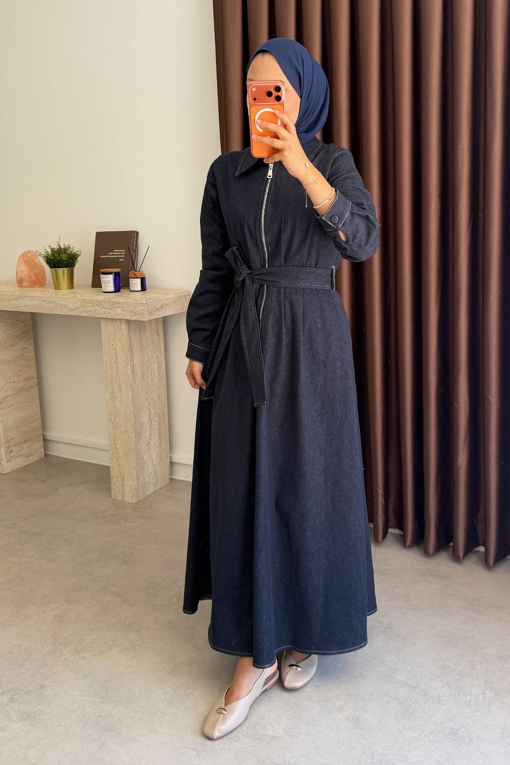 Fermuarlı Denim Elbise - Lacivert