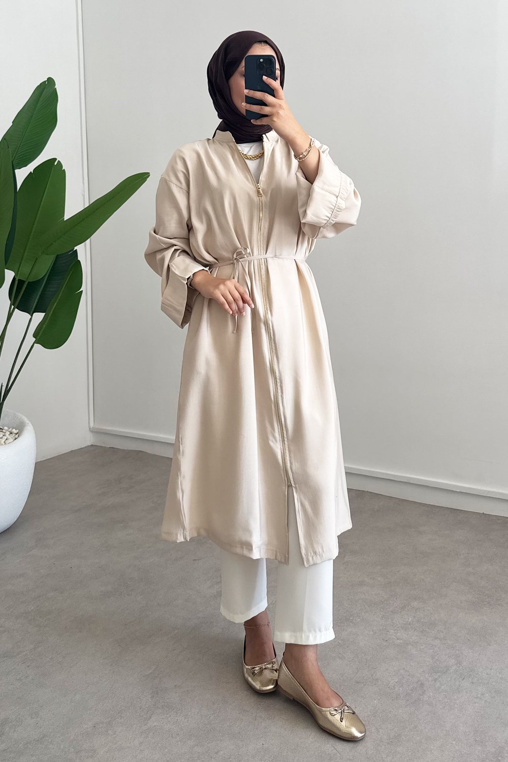 Fermuarlı Uzun Elbise - Bej