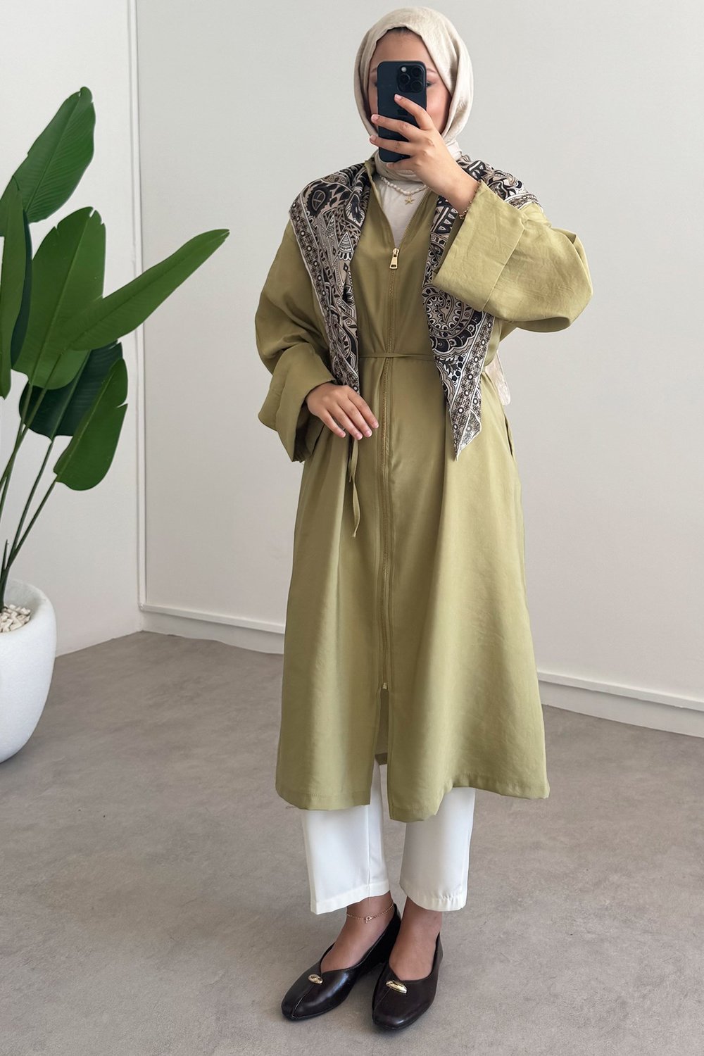 Fermuarlı Uzun Elbise - Olive