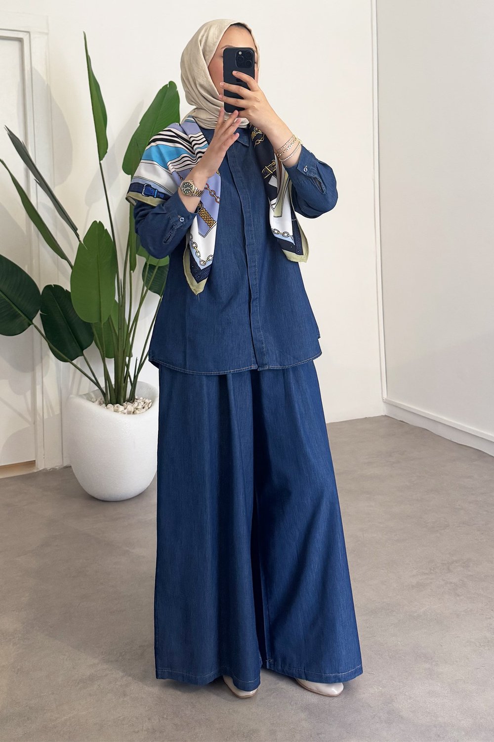 Fularlı Denim Takım - Lacivert