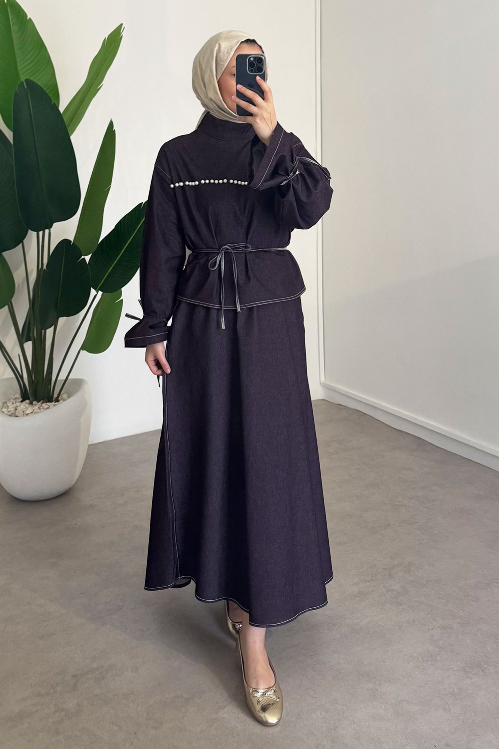 İncili Denim Takım - Bordo