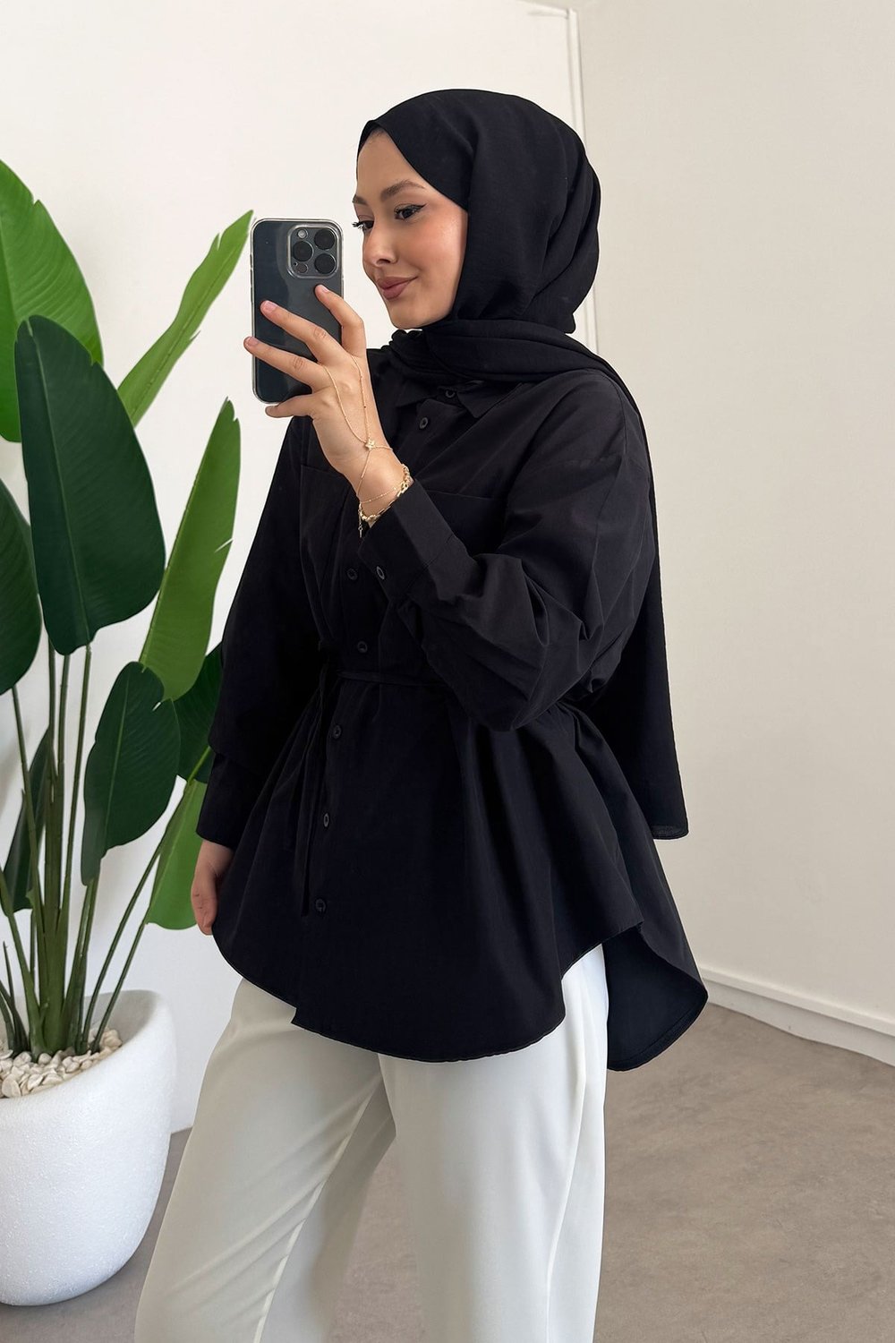 Kemerli Basıc Gömlek - Siyah