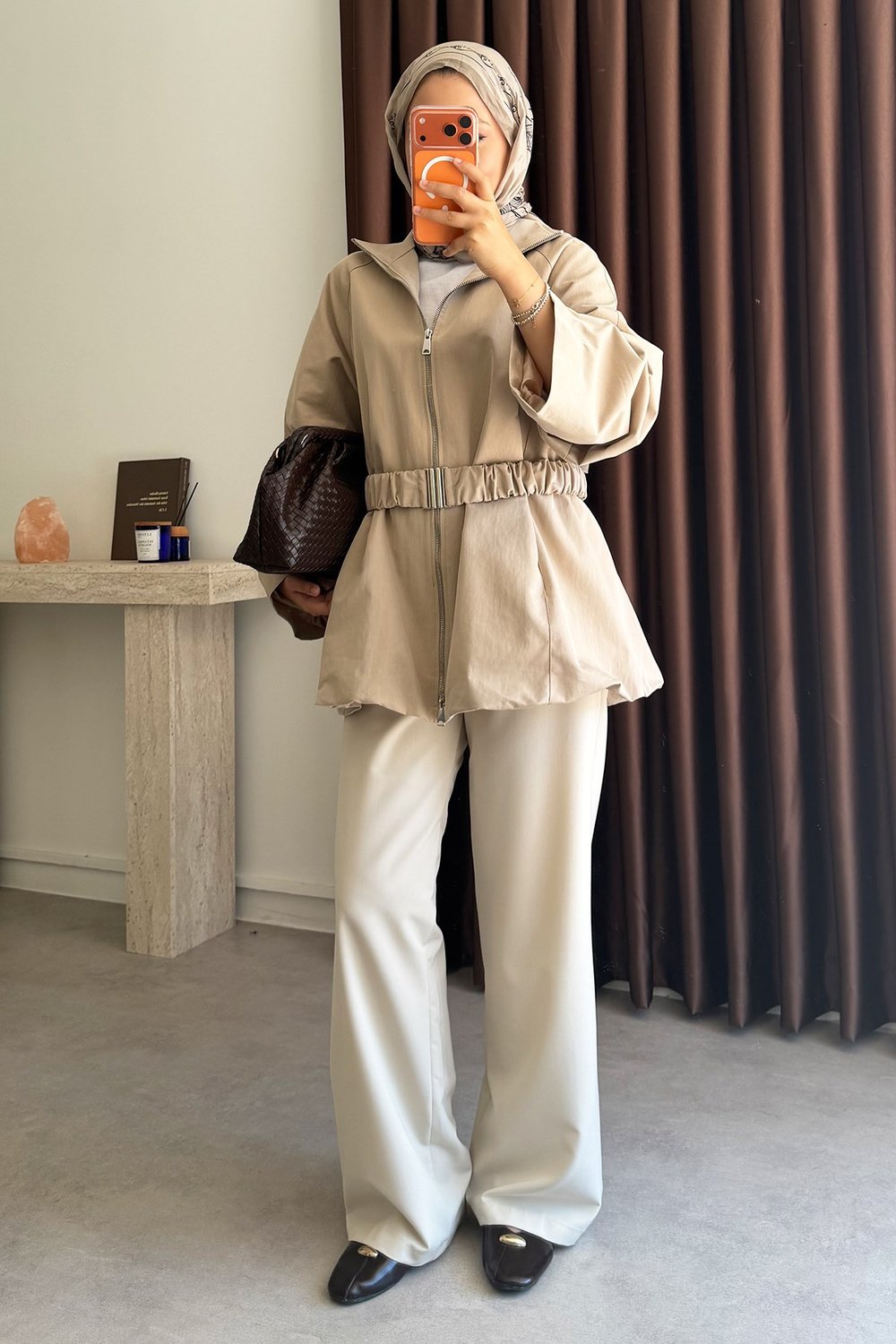Kemerli Oversize Ceket - Kum Beji