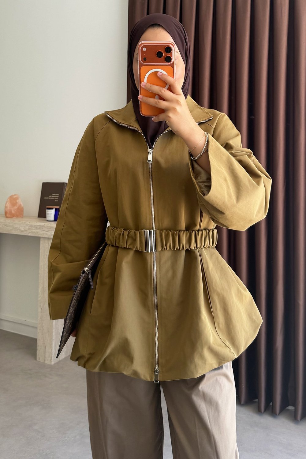 Kemerli Oversize Ceket - Olive