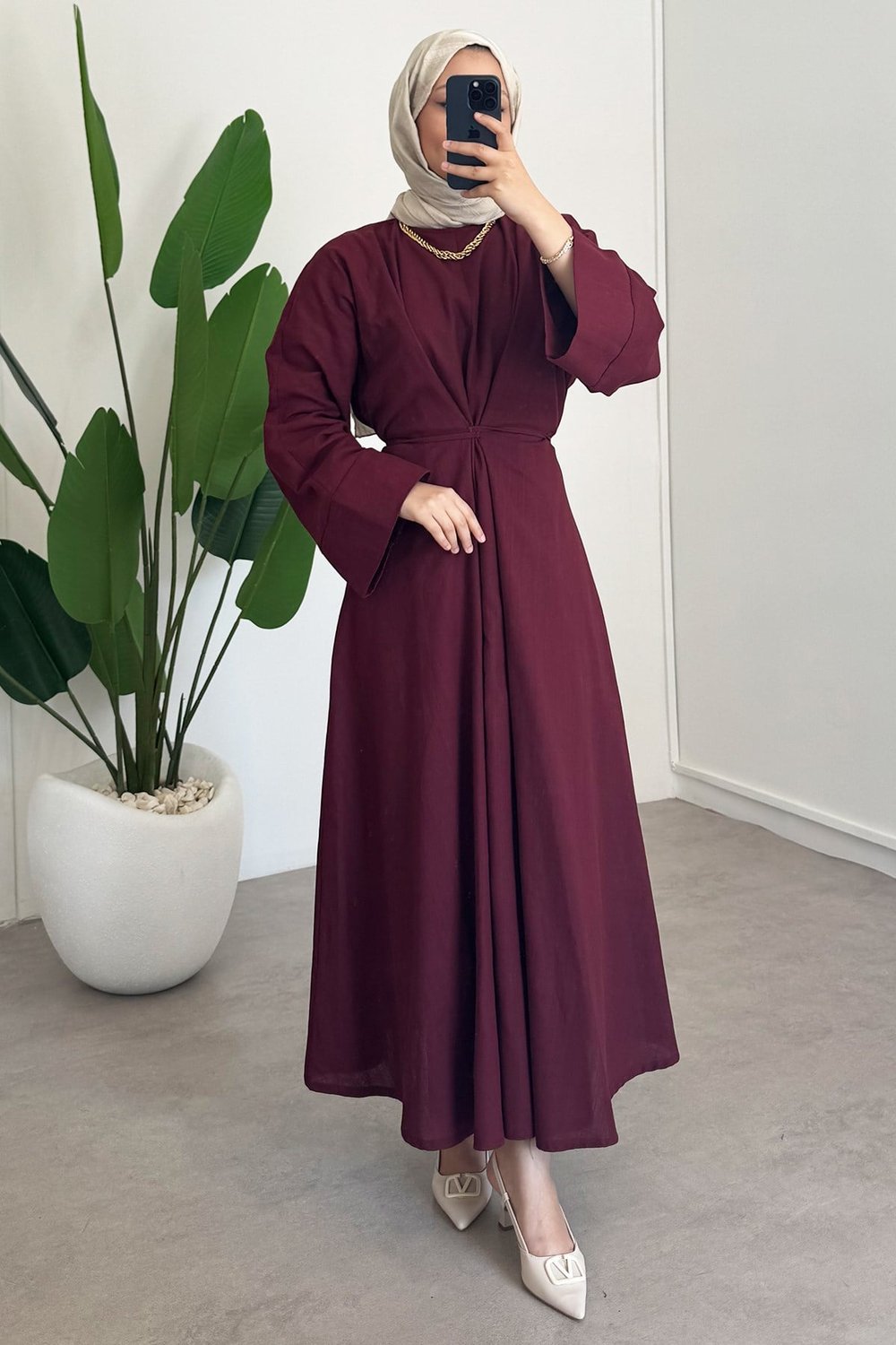 Keten Bağlama Elbise - Bordo