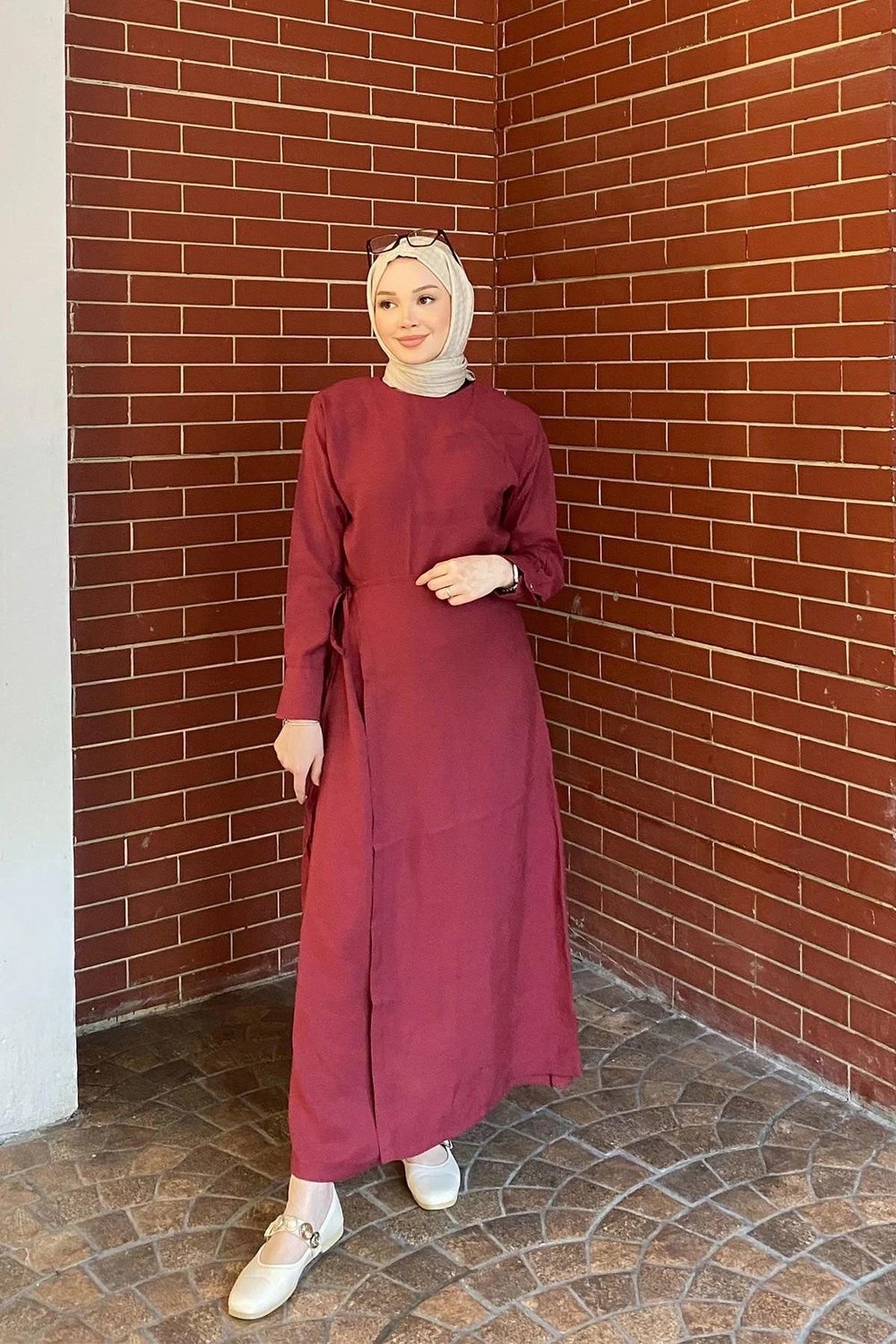 METALİZE DÜGMELİ ELBİSE 9-51509 - BORDO