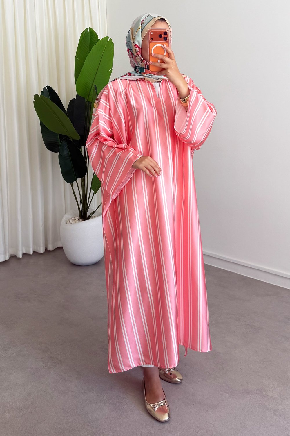 Modal Çizgili Elbise - Pembe