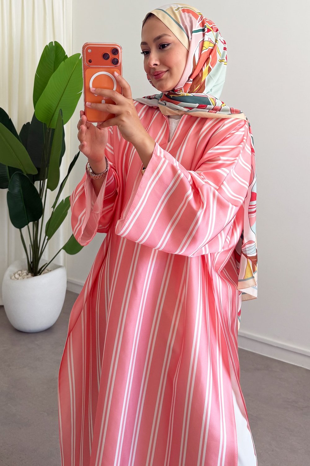 Modal Çizgili Elbise - Pembe