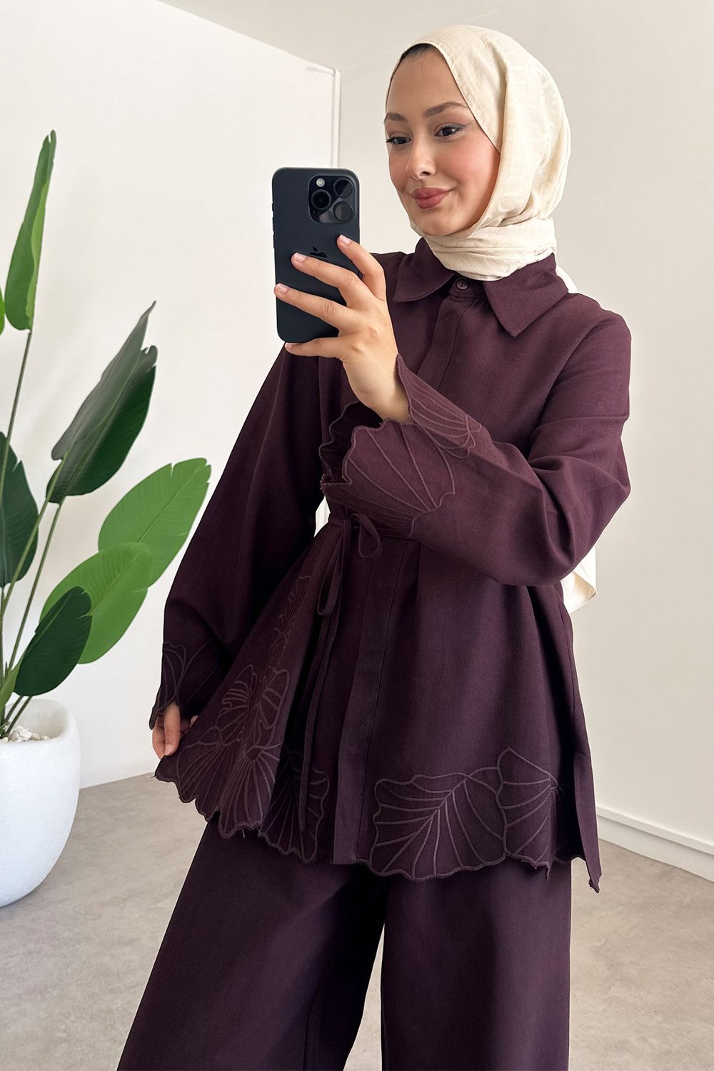 Nakışlı Keten Takım - Bordo