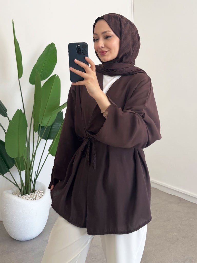 Örgü Kemer Kimono - Kahverengi