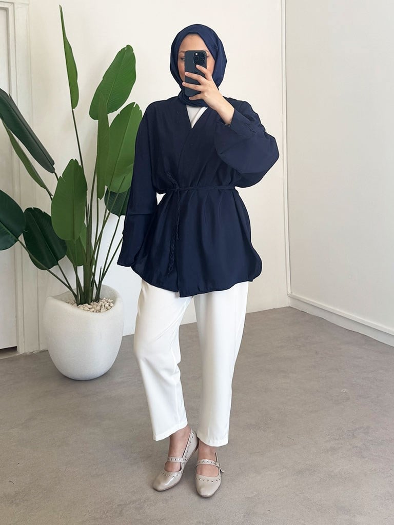 Örgü Kemer Kimono - Lacivert