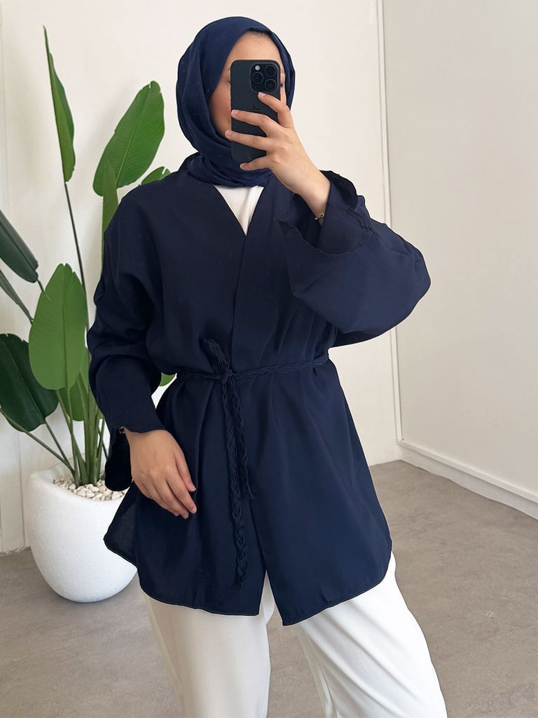 Örgü Kemer Kimono - Lacivert
