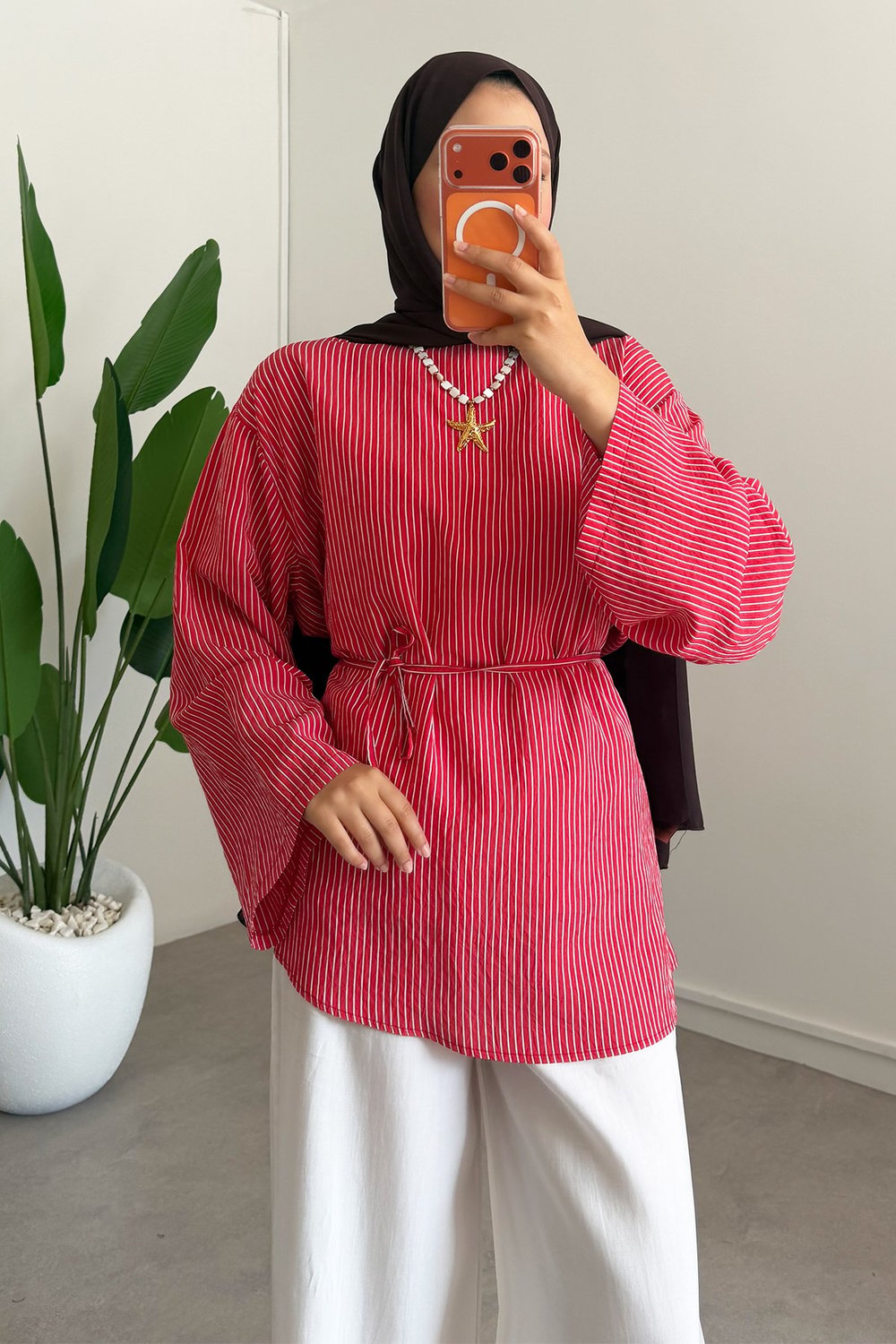 Oversize Biyeli Tunik - Kırmızı