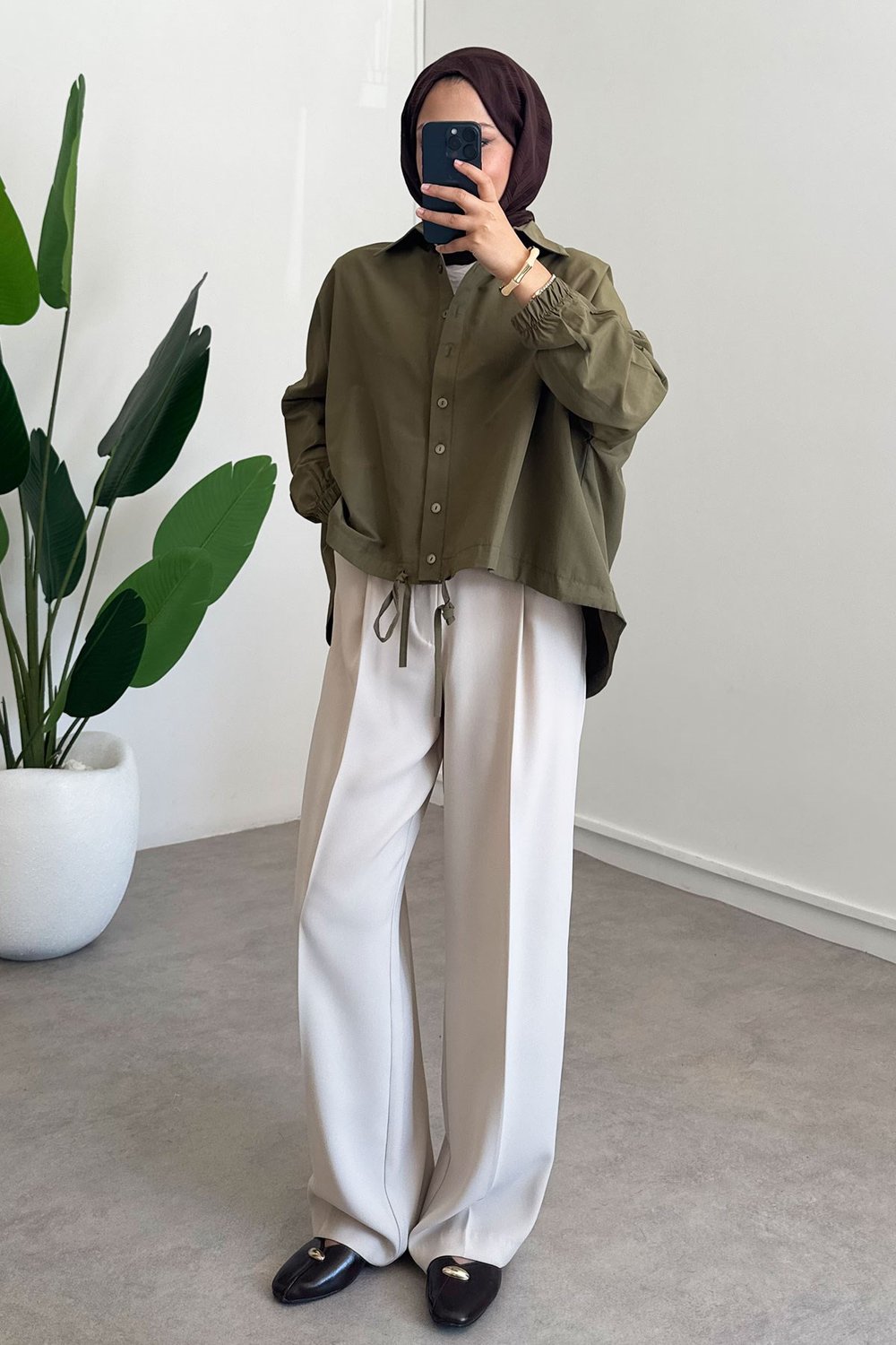 Oversize Büzgülü Gömlek - Haki Yeşil