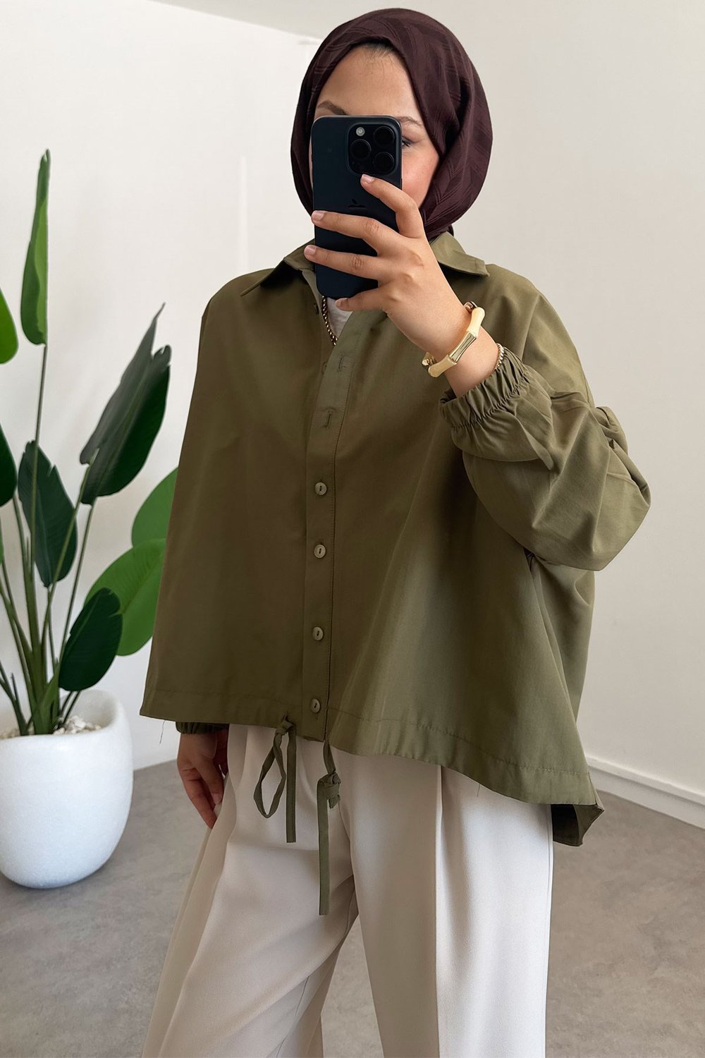 Oversize Büzgülü Gömlek - Haki Yeşil