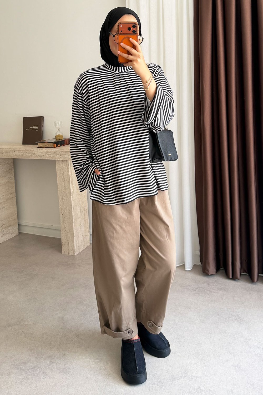 Oversize Çizgili Tunik - Siyah