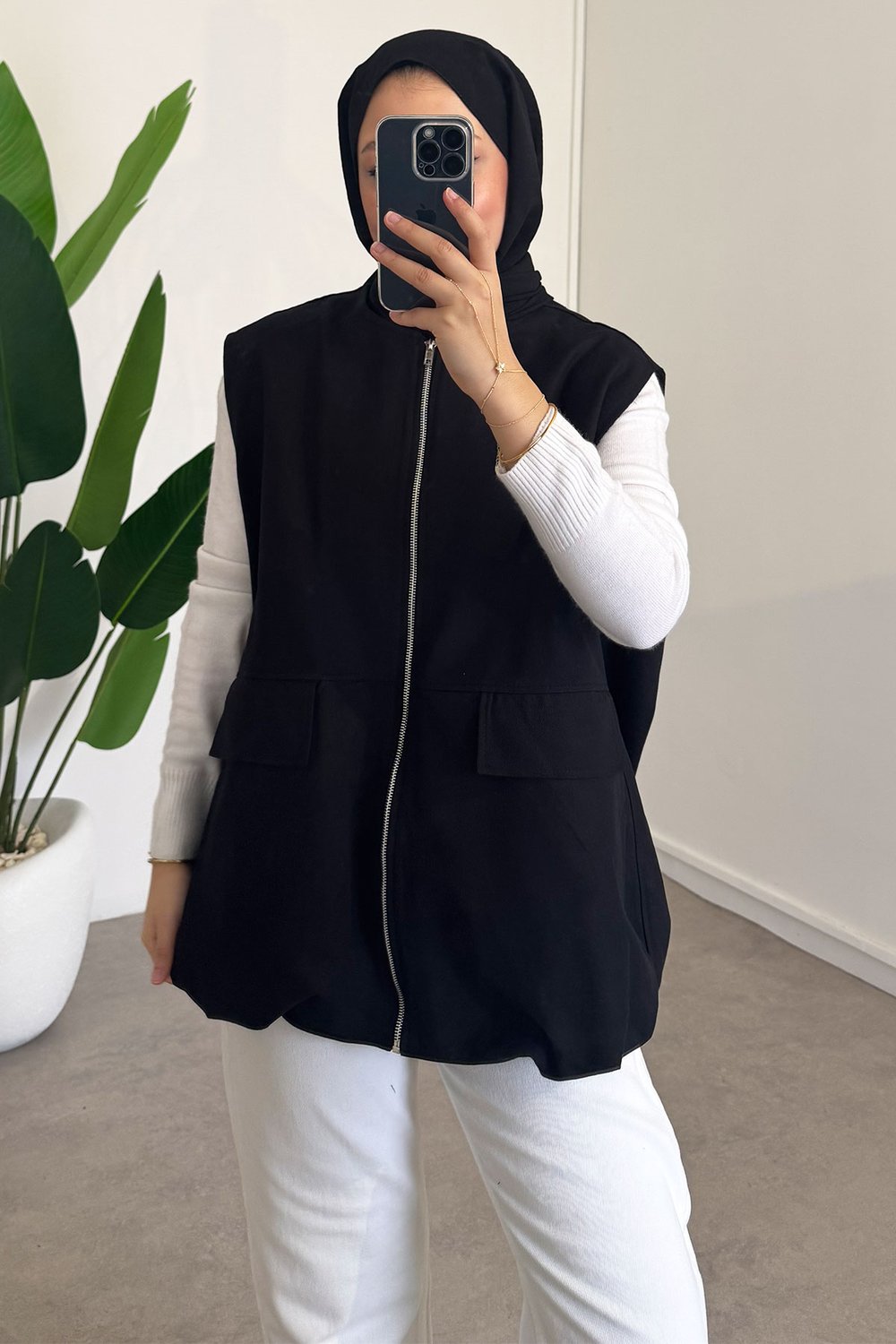 Oversize Gabardin Yelek - Siyah