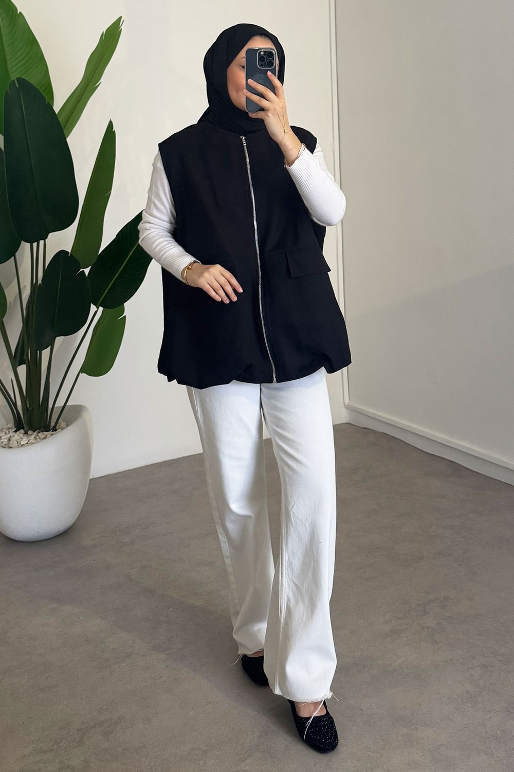 Oversize Gabardin Yelek - Siyah