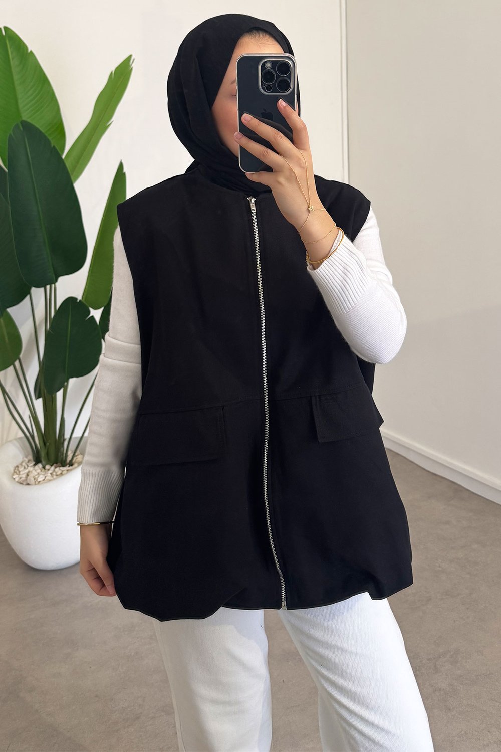 Oversize Gabardin Yelek - Siyah
