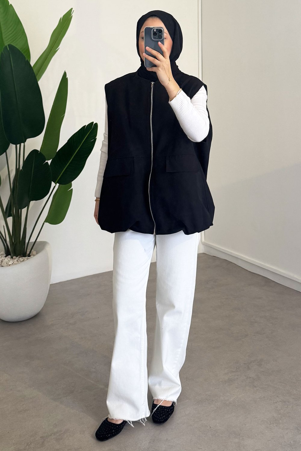 Oversize Gabardin Yelek - Siyah
