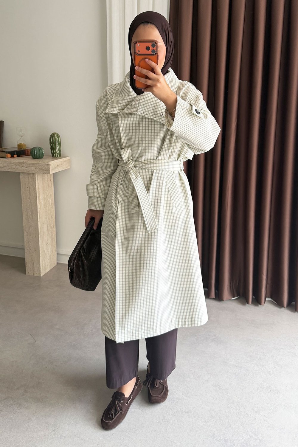 Oversize Kareli Trençkot - Beyaz