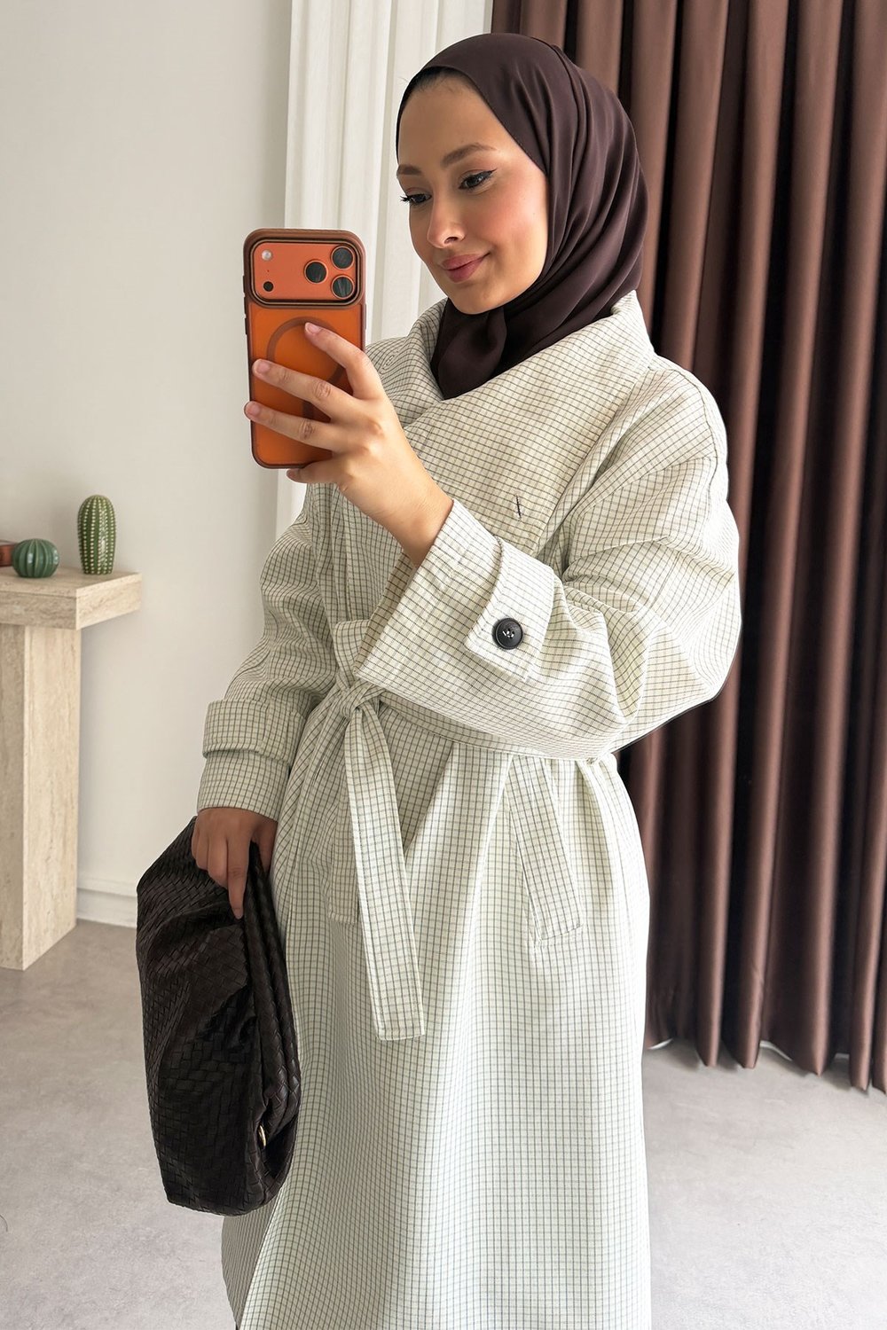 Oversize Kareli Trençkot - Beyaz