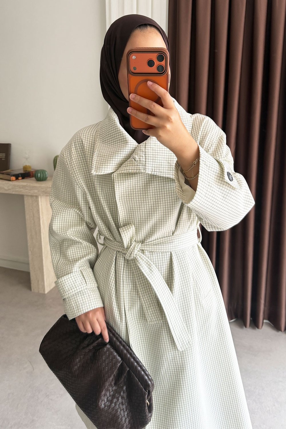 Oversize Kareli Trençkot - Beyaz